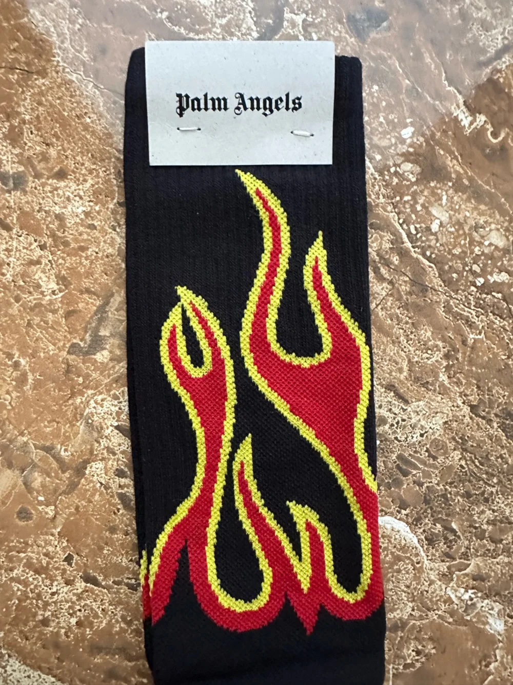 Palm Angels Black Crew Socks with Red and Yellow Flame Motif